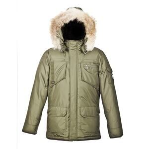 PAJAR CANADA GREEN NYLON COYOTE FUR HOODIE WINTER JAMES GOOSE DOWN JACKET L